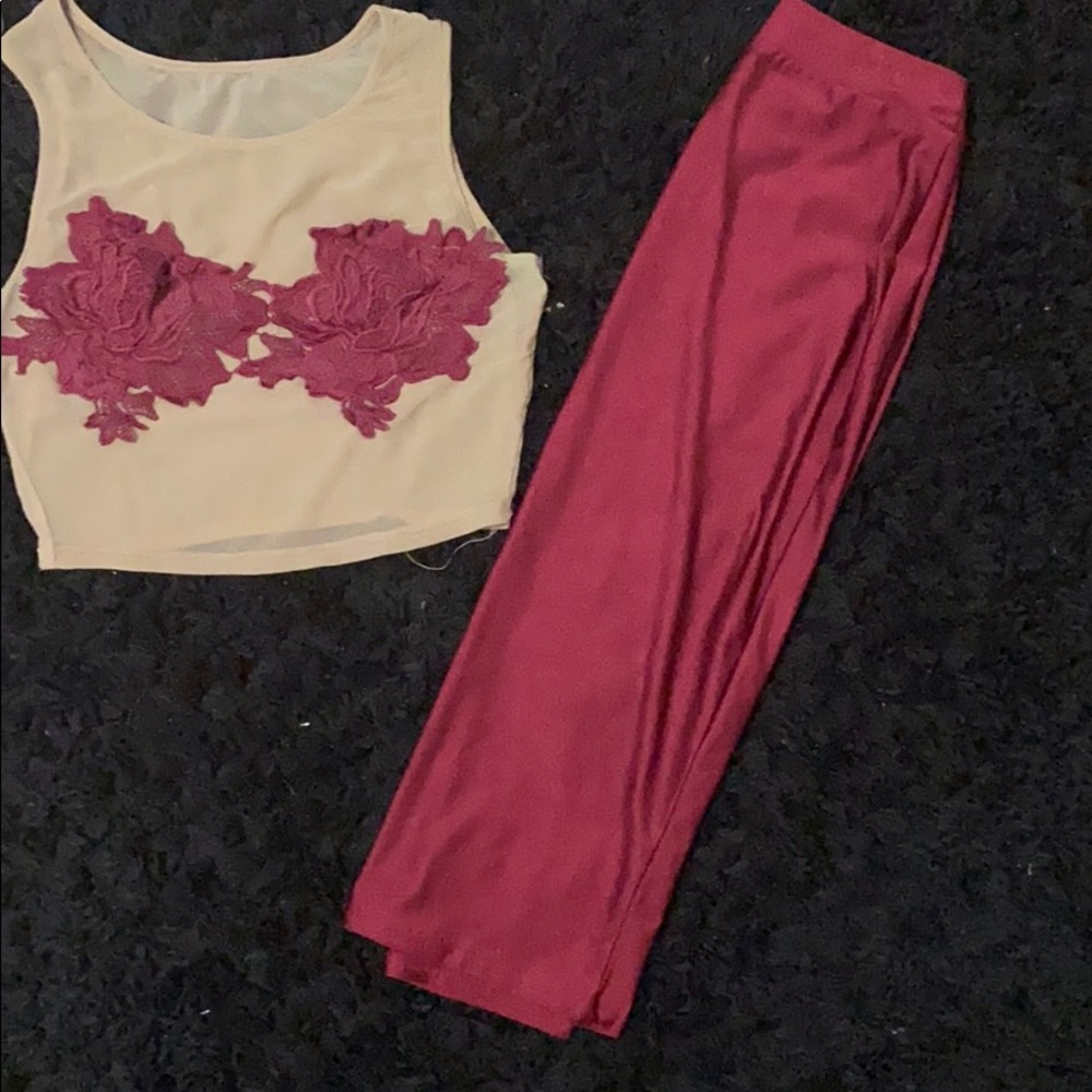 Maroon pencil skirt nude mesh top
